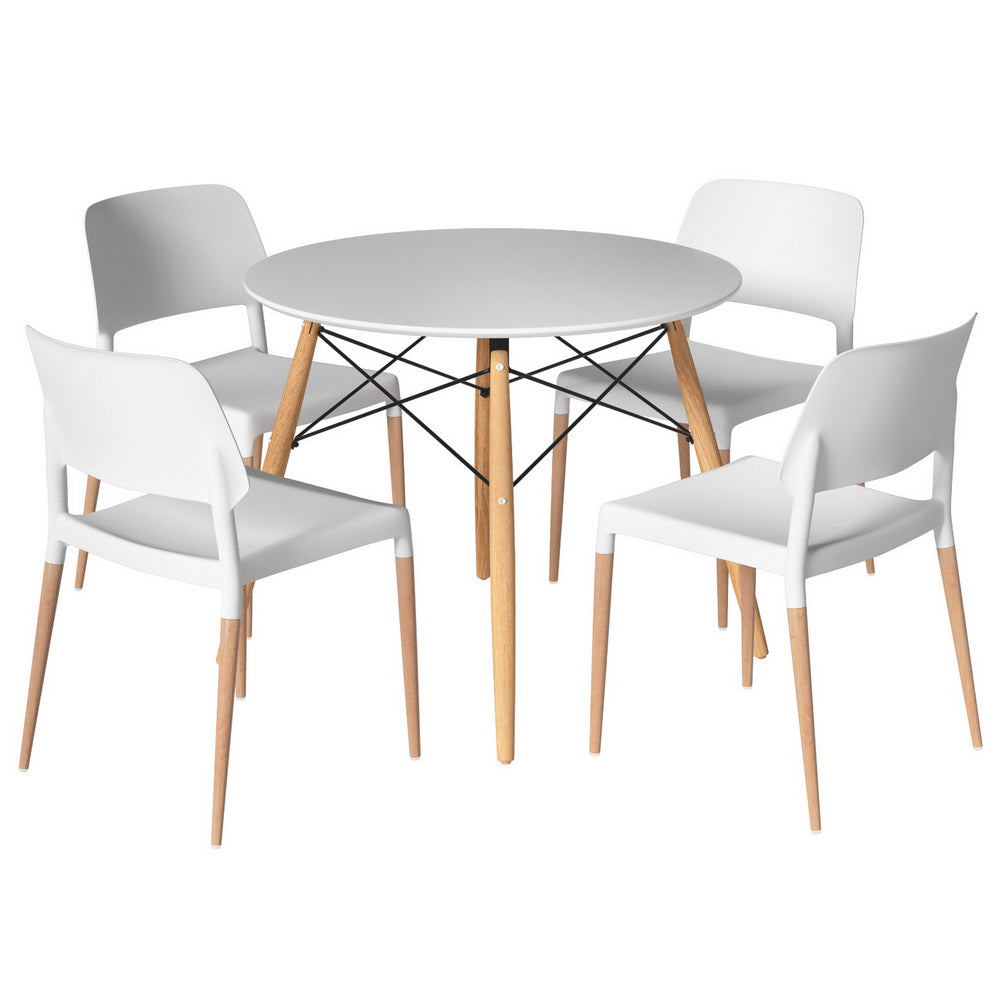 Dining Table and 4 Chairs Set – Round White, Solid Beech Wood Legs