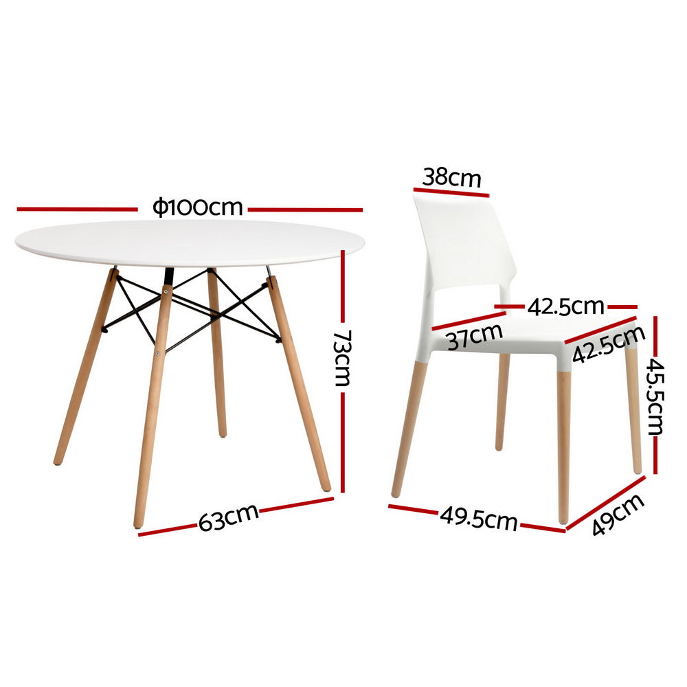 Dining Table and 4 Chairs Set – Round White, Solid Beech Wood Legs