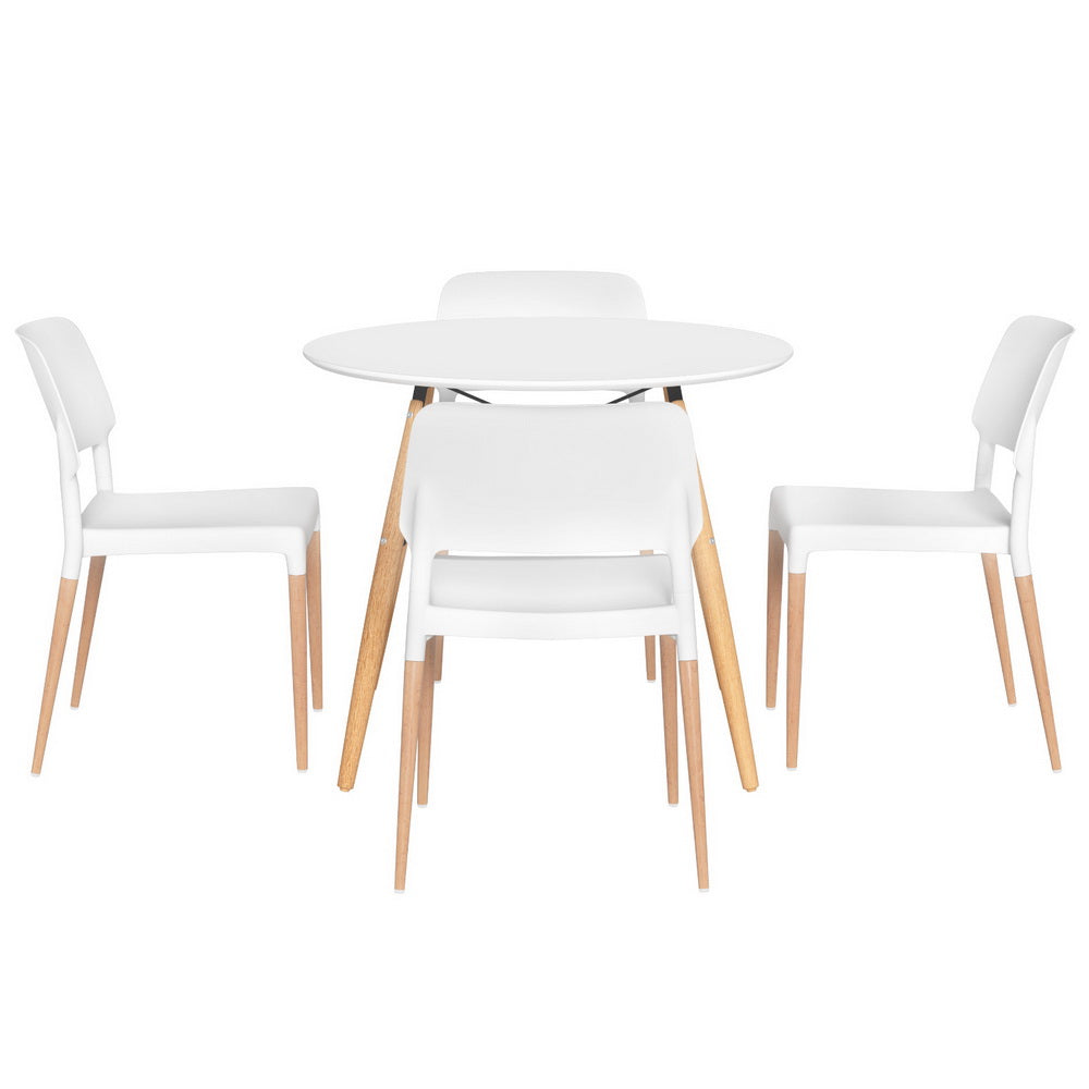 Dining Table and 4 Chairs Set – Round White, Solid Beech Wood Legs
