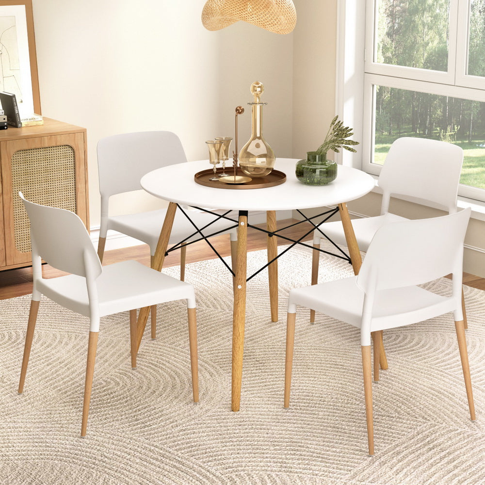 Dining Table and 4 Chairs Set – Round White, Solid Beech Wood Legs