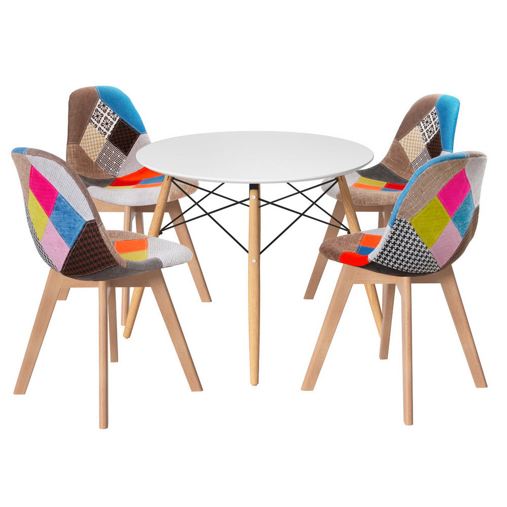 Dining Table and 4 Chairs Set – White MDF Top with Beech Wood Legs, 100cm Diameter