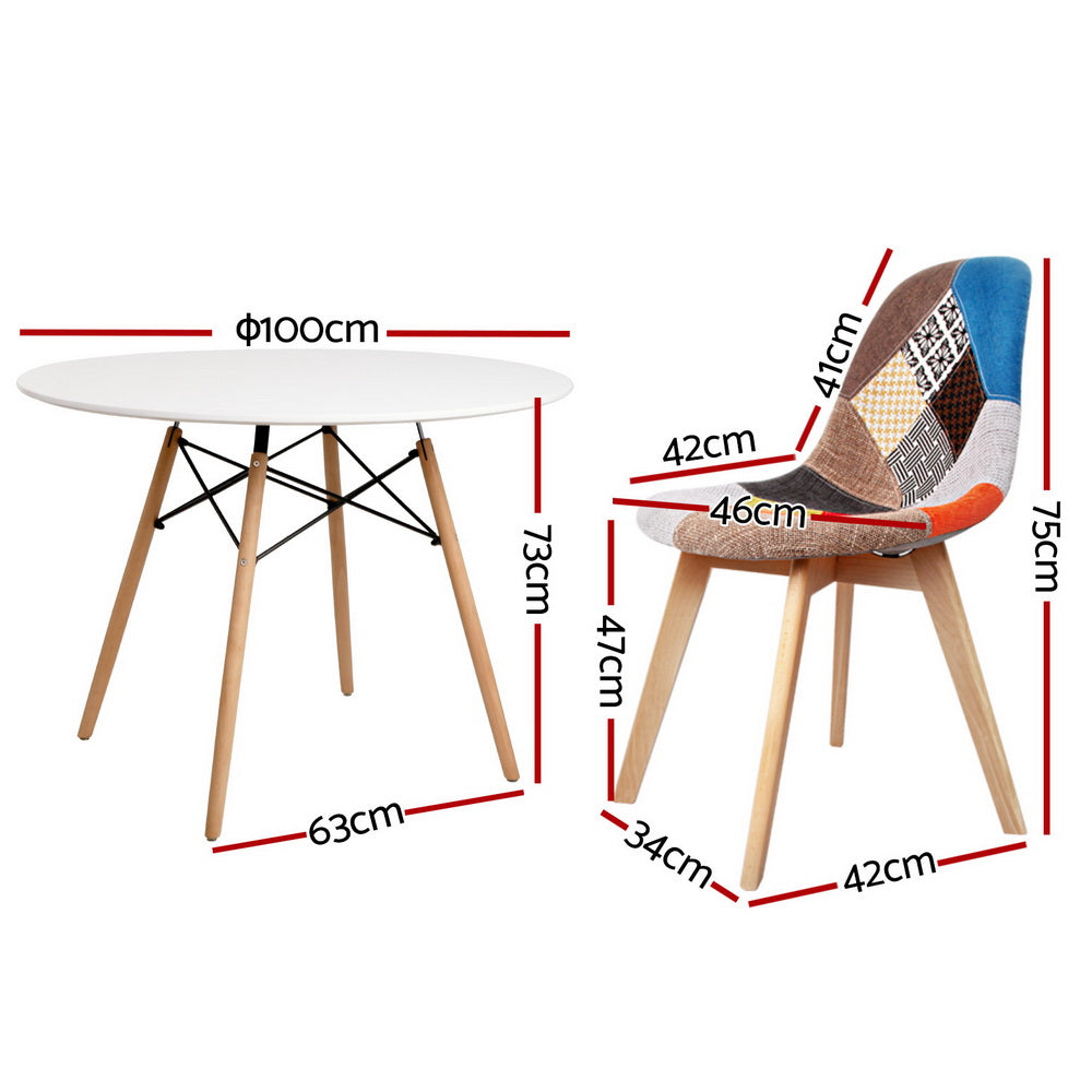 Dining Table and 4 Chairs Set – White MDF Top with Beech Wood Legs, 100cm Diameter