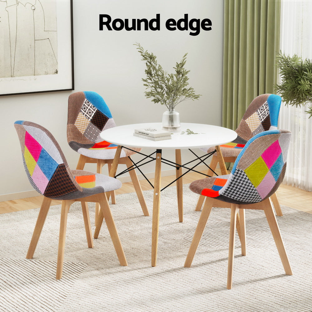 Dining Table and 4 Chairs Set – White MDF Top with Beech Wood Legs, 100cm Diameter