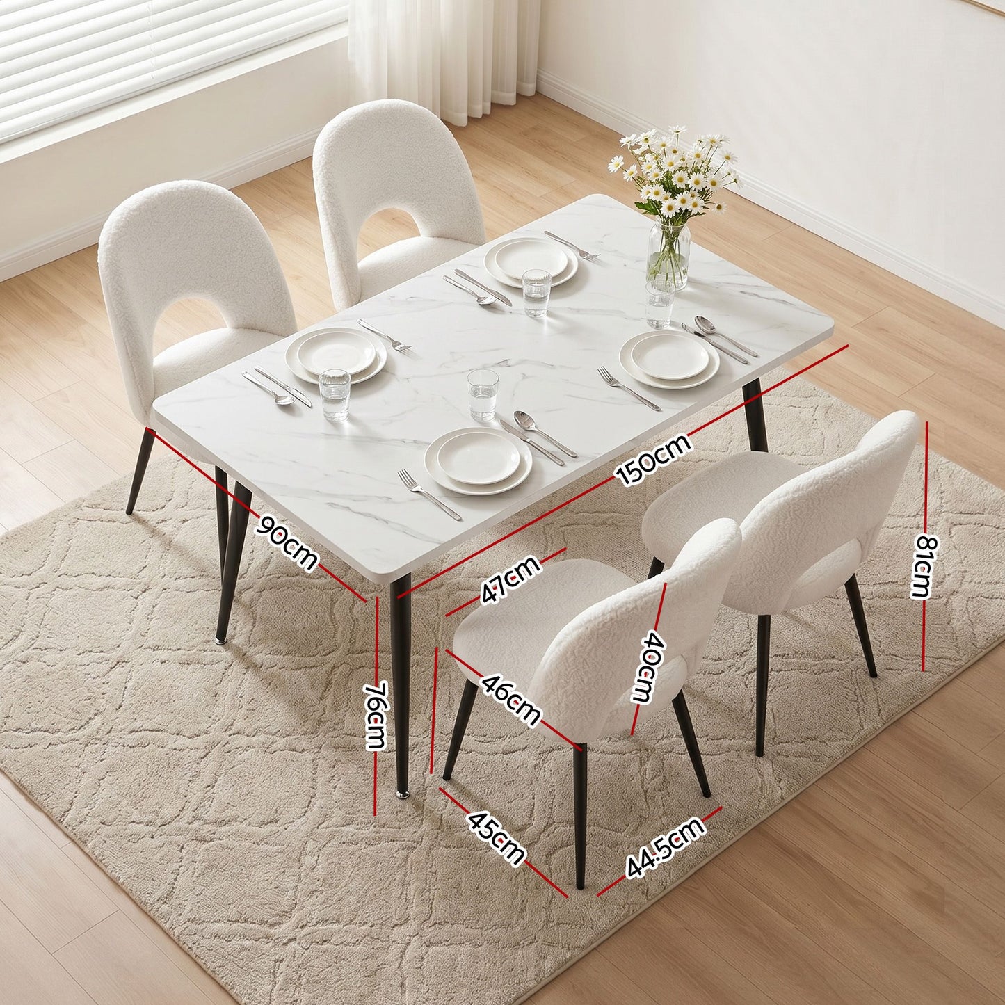 TWSC Dining Table and Chairs Set 5pcs Kitchen Furniture Marble White