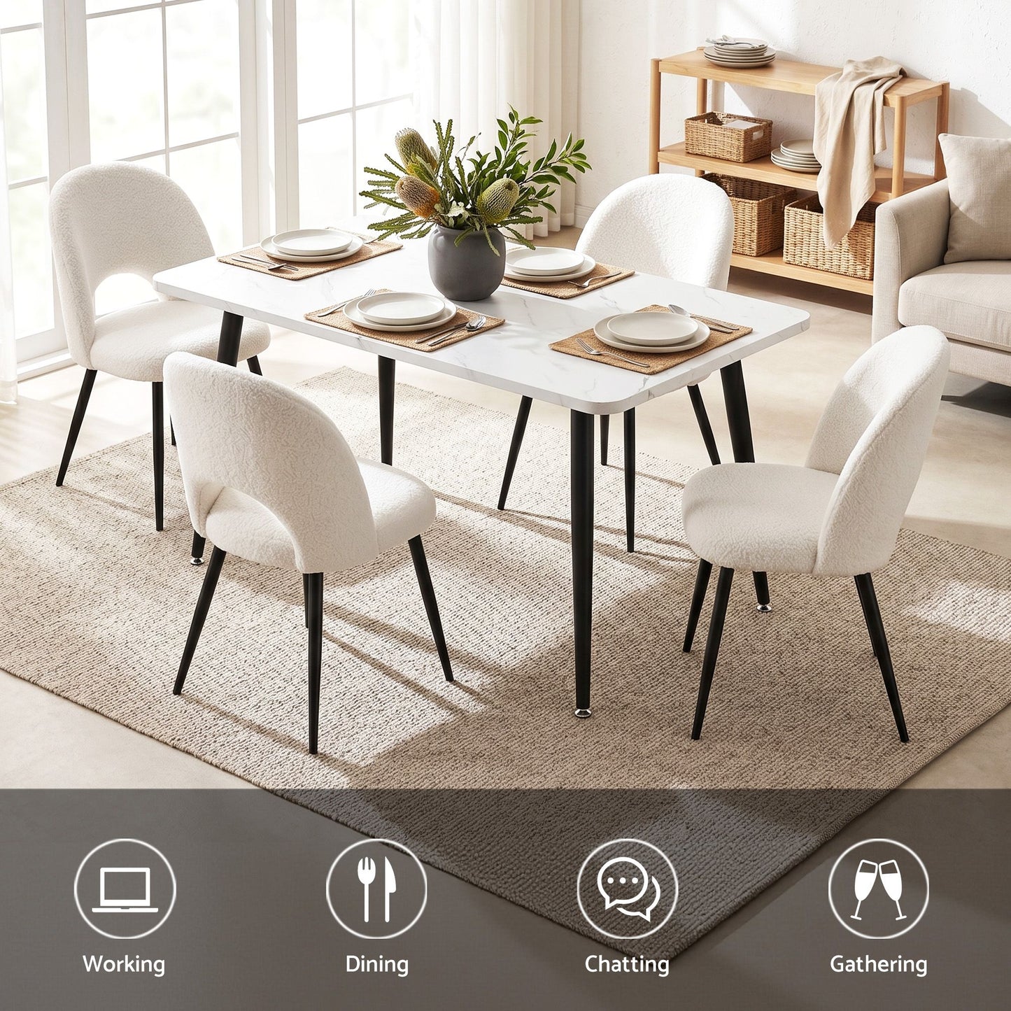 TWSC Dining Table and Chairs Set 5pcs Kitchen Furniture Marble White