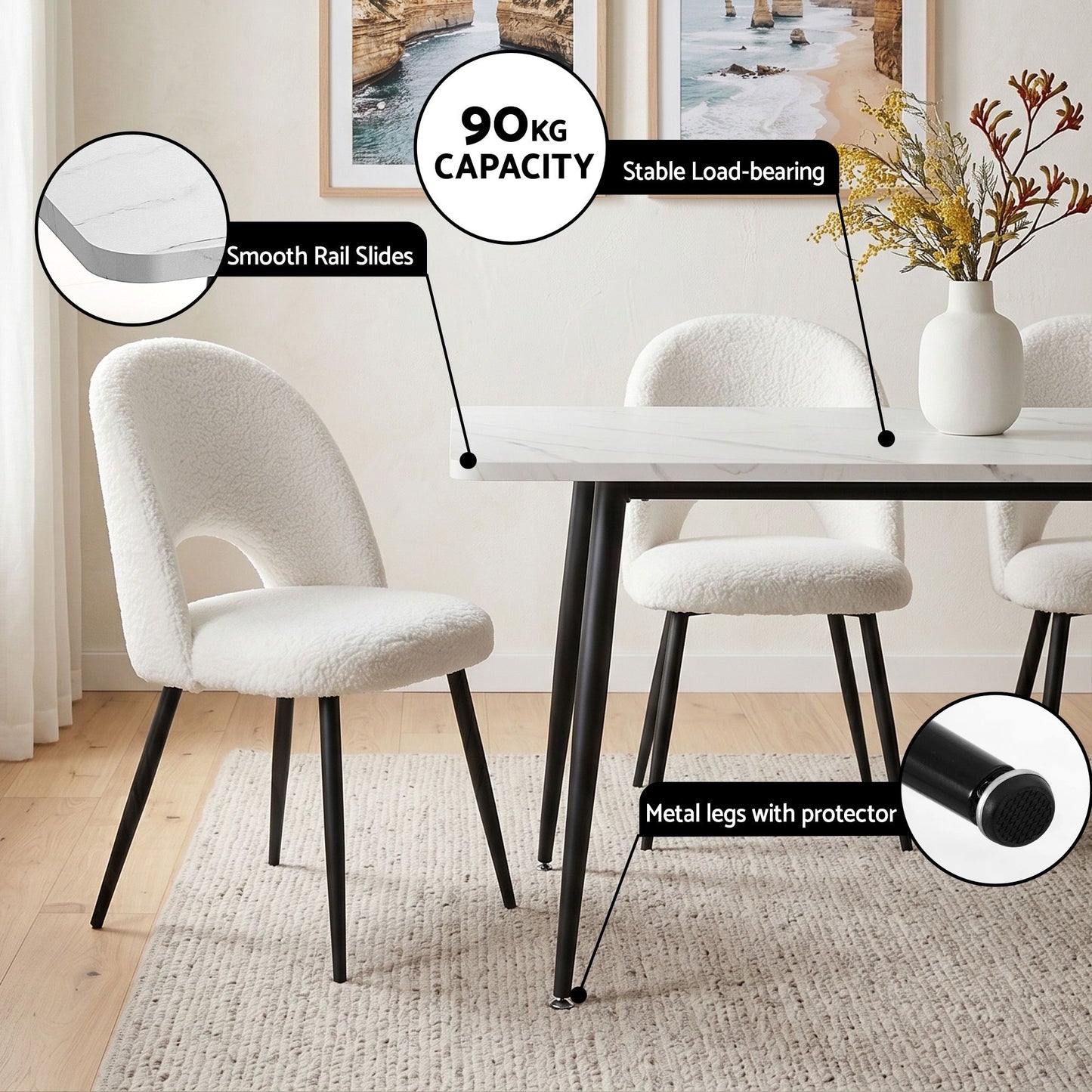 TWSC Dining Table and Chairs Set 5pcs Kitchen Furniture Marble White