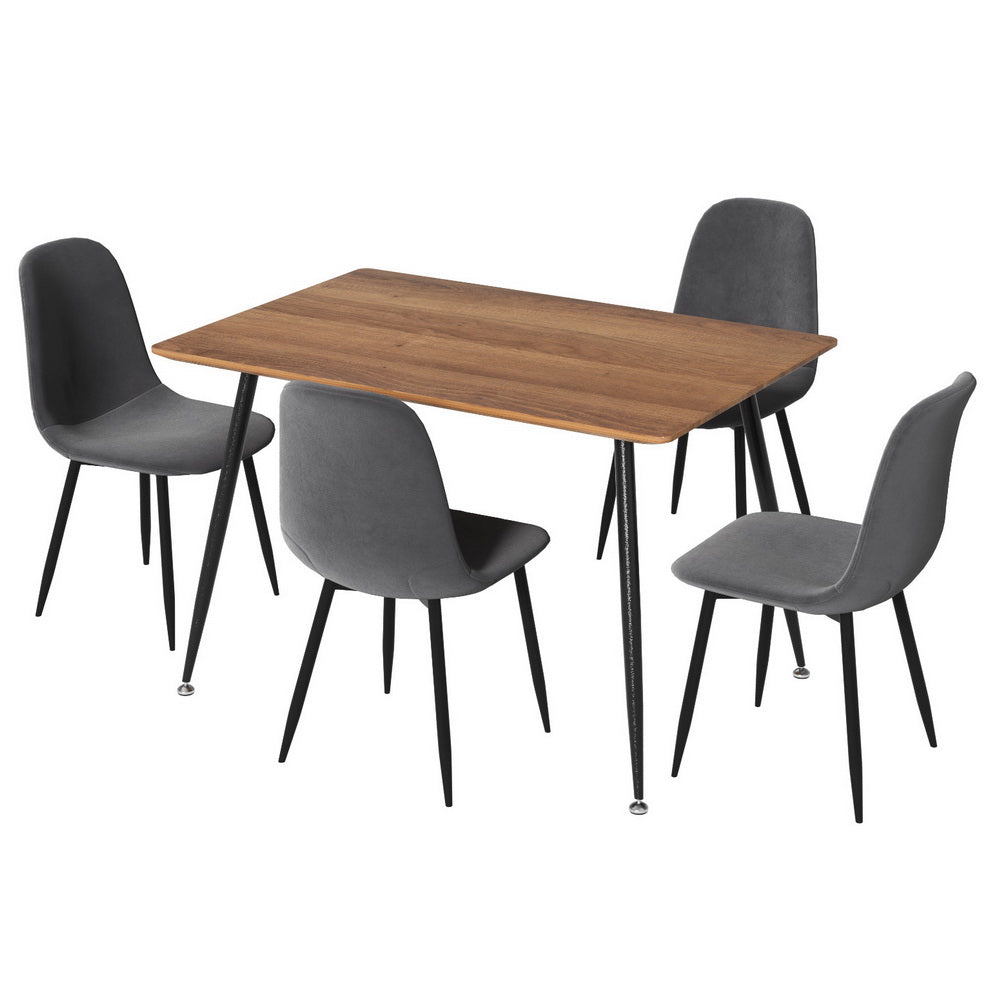 Dining Table and 4 Chairs Set – Grey Metal Frame, Wood Grain Top