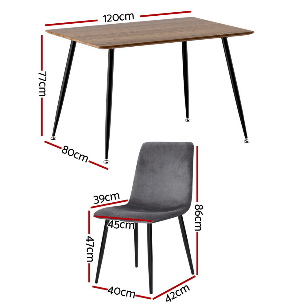 Dining Table and 4 Velvet Chairs Set – Grey, Industrial Style