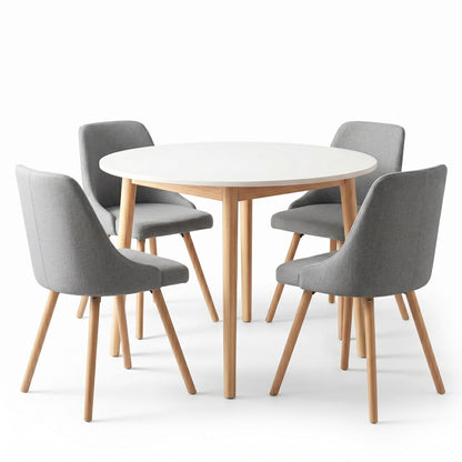 TWSC Round Dining Table and Chairs Set 5pcs Compact Kitchen Furniture White Natural Wood & Grey