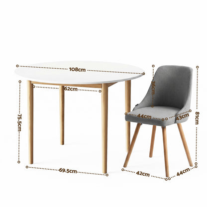 TWSC Round Dining Table and Chairs Set 5pcs Compact Kitchen Furniture White Natural Wood & Grey
