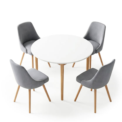 TWSC Round Dining Table and Chairs Set 5pcs Compact Kitchen Furniture White Natural Wood & Grey