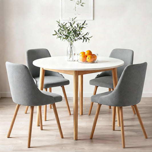 TWSC Round Dining Table and Chairs Set 5pcs Compact Kitchen Furniture White Natural Wood & Grey
