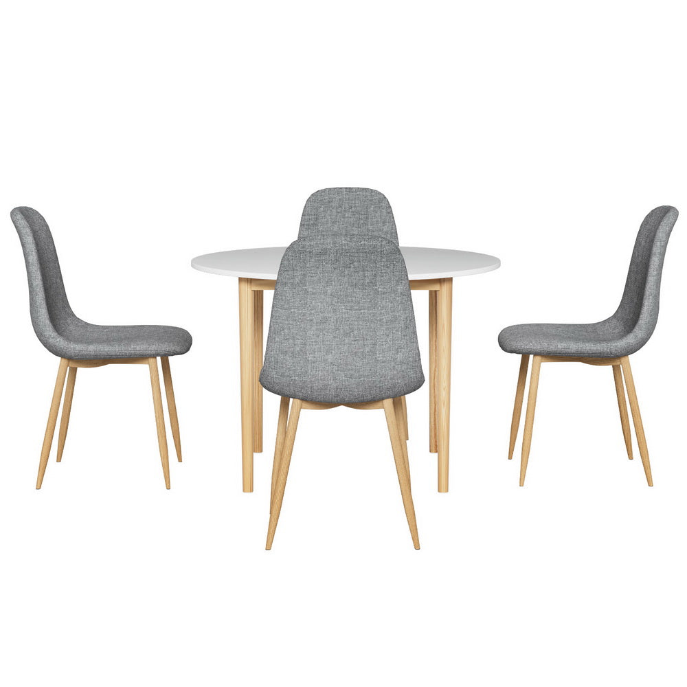 Demi Dining Table and 4 Chairs Set – Round White Table with Grey Chairs