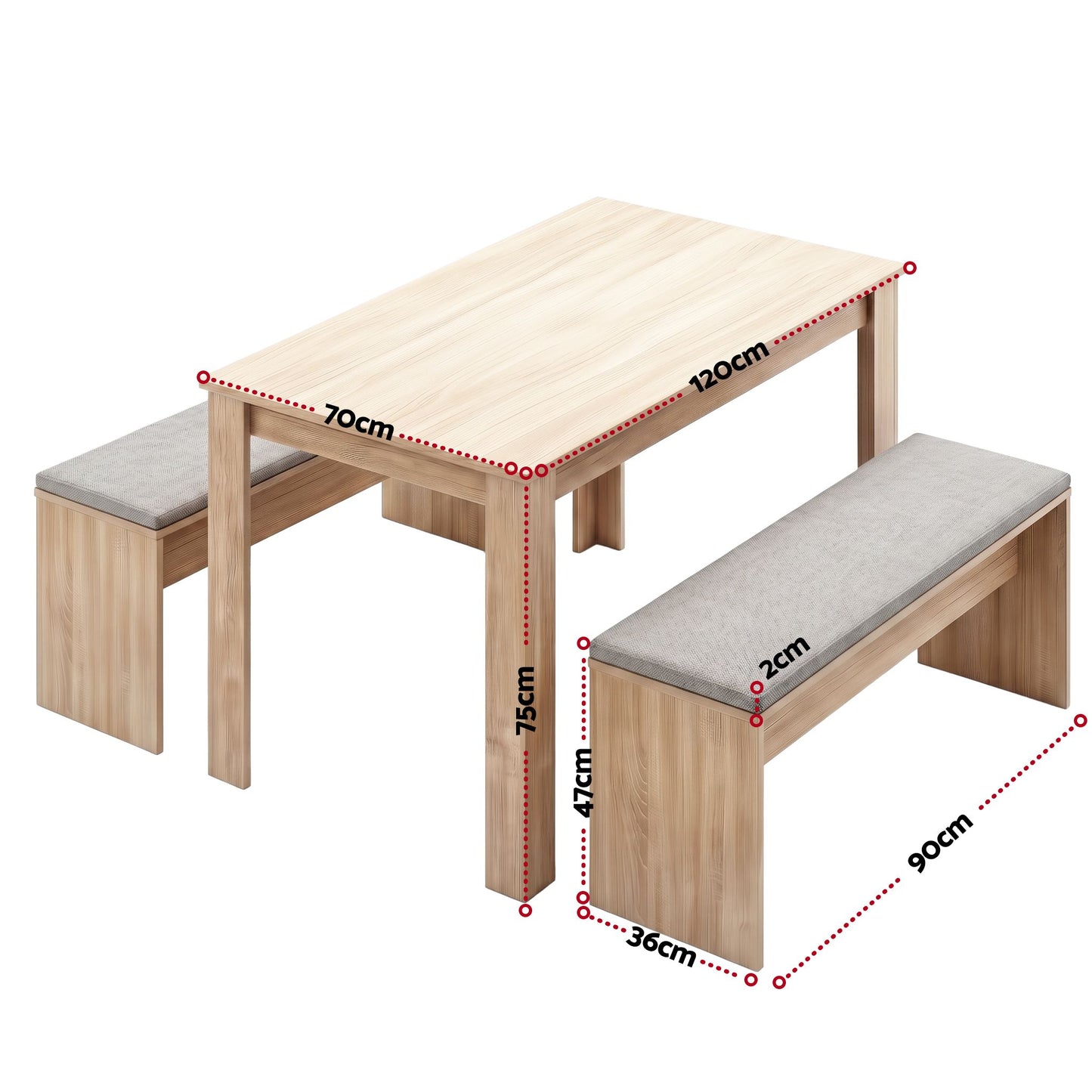 TWSC 3 Piece Dining Sets, 120cm Wooden Dining Table and 2 Upholstered Chairs Set, Space-Saving Modern Kitchen Dining Suite for Home Apartment (Oak)