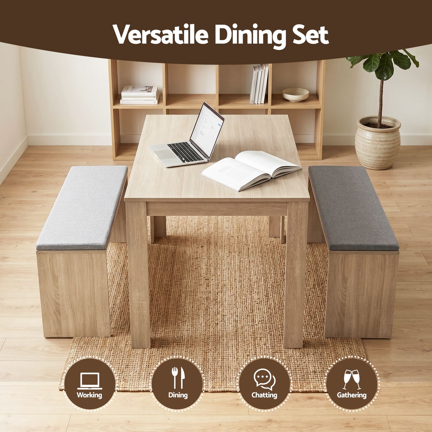 TWSC 3 Piece Dining Sets, 120cm Wooden Dining Table and 2 Upholstered Chairs Set, Space-Saving Modern Kitchen Dining Suite for Home Apartment (Oak)