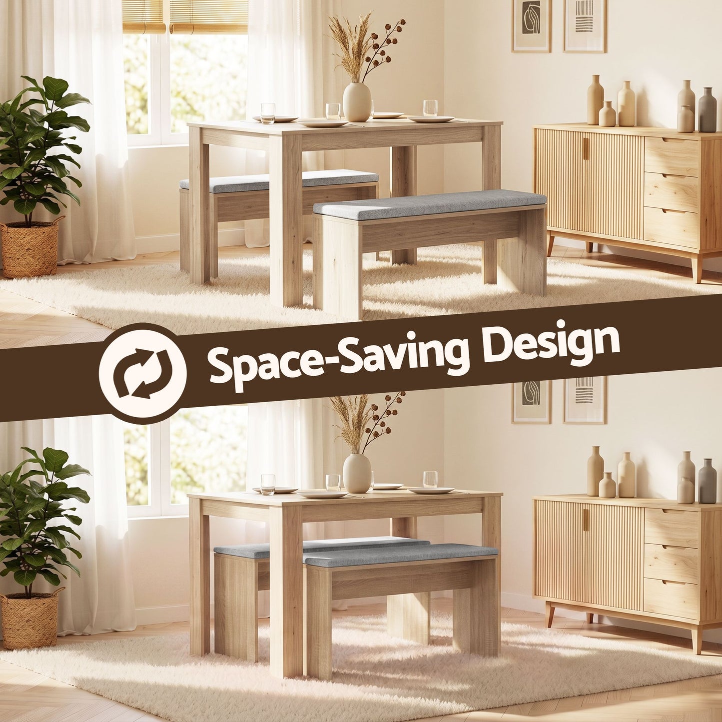 TWSC 3 Piece Dining Sets, 120cm Wooden Dining Table and 2 Upholstered Chairs Set, Space-Saving Modern Kitchen Dining Suite for Home Apartment (Oak)