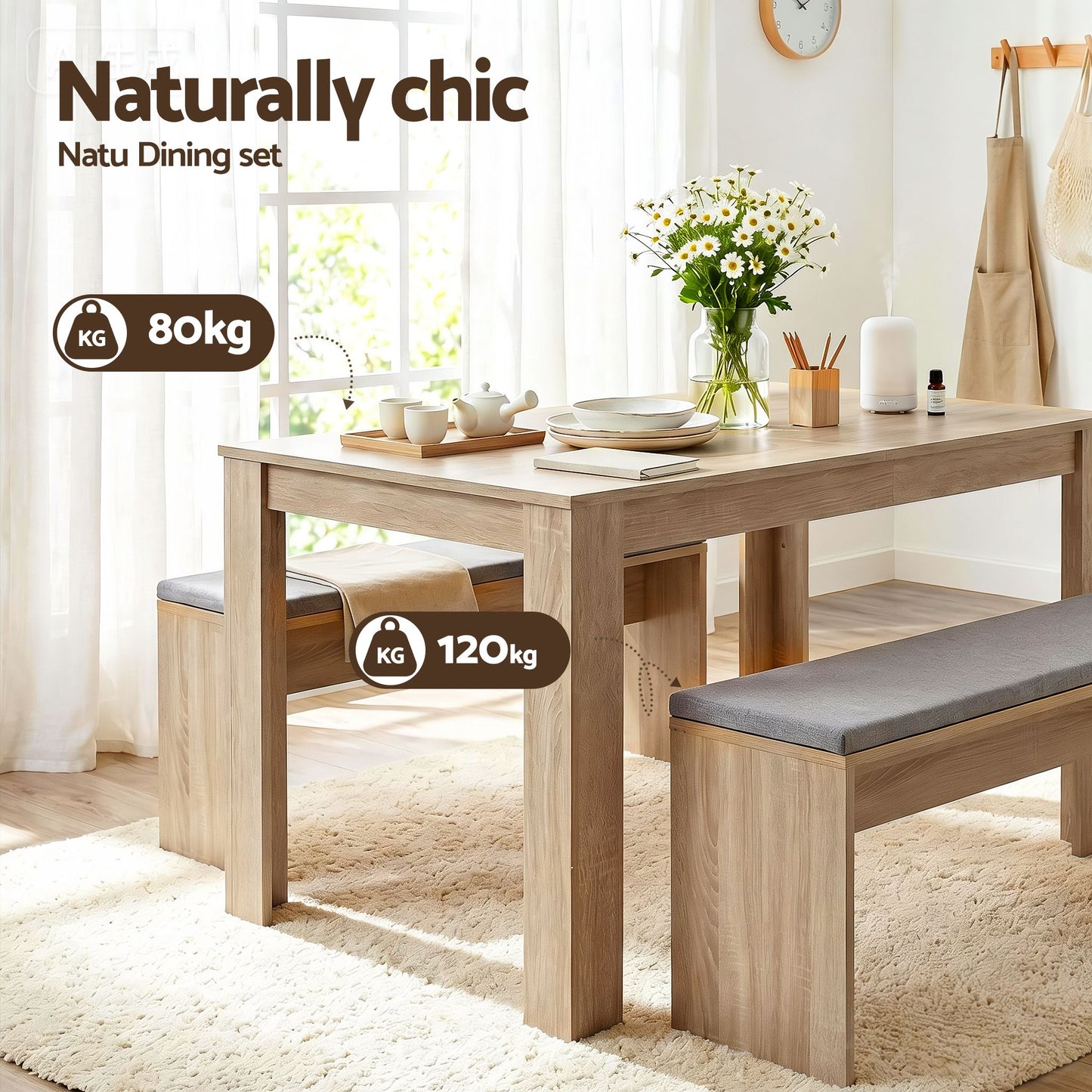 TWSC 3 Piece Dining Sets, 120cm Wooden Dining Table and 2 Upholstered Chairs Set, Space-Saving Modern Kitchen Dining Suite for Home Apartment (Oak)