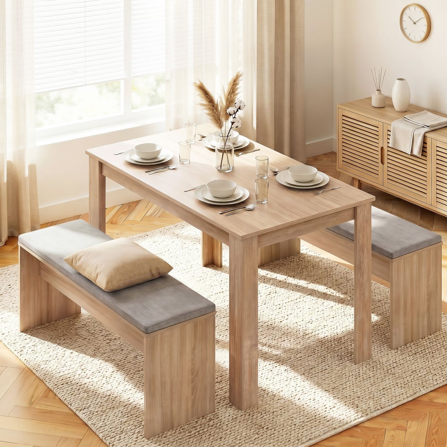 TWSC 3 Piece Dining Sets, 120cm Wooden Dining Table and 2 Upholstered Chairs Set, Space-Saving Modern Kitchen Dining Suite for Home Apartment (Oak)