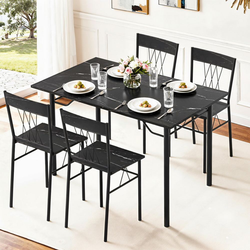 Dining Table and 4 Chairs Set – Compact Black Marble Kitchen Furniture