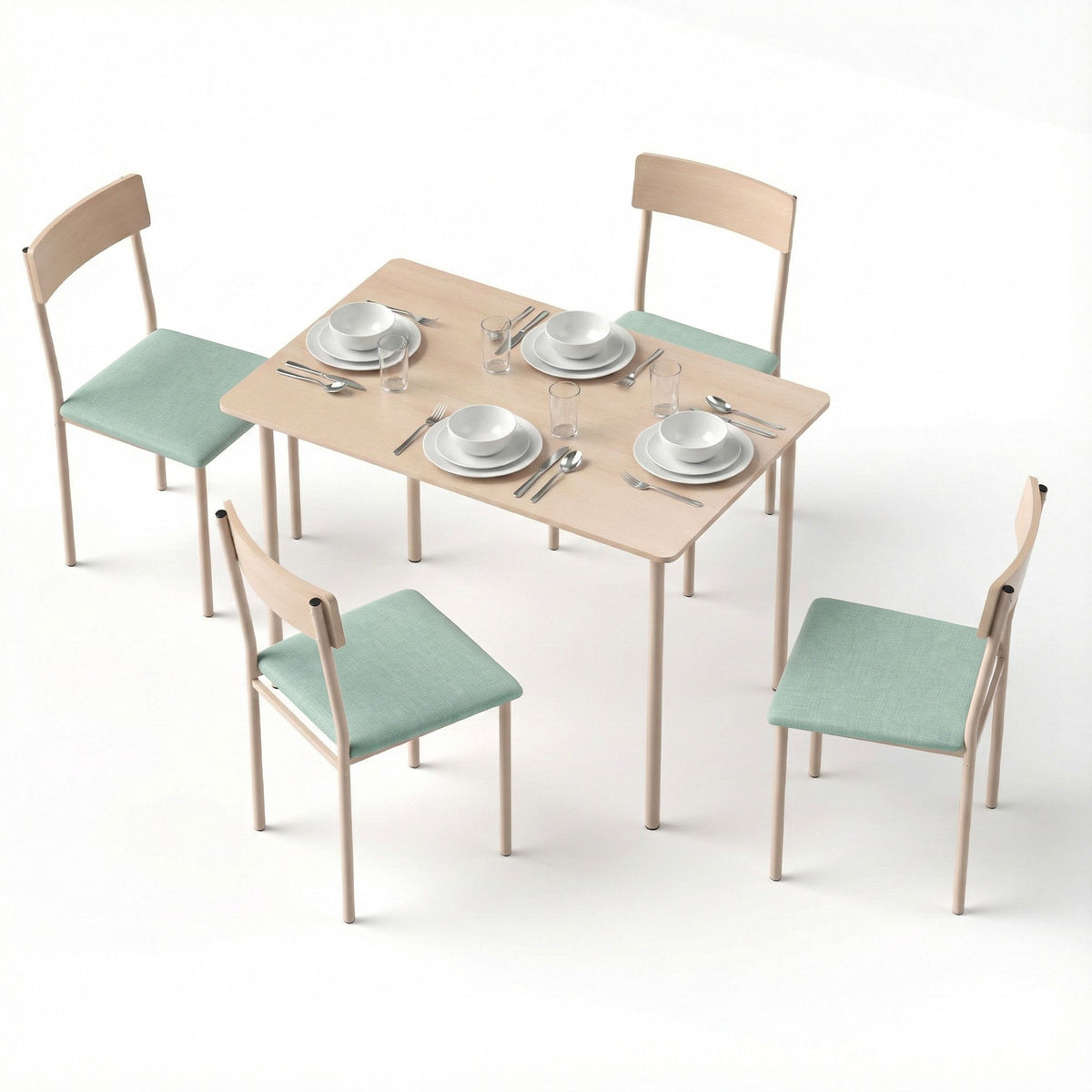 TWSC Dining Table and Chairs Set of 5 Compact Kitchen Furniture Natural Light Green