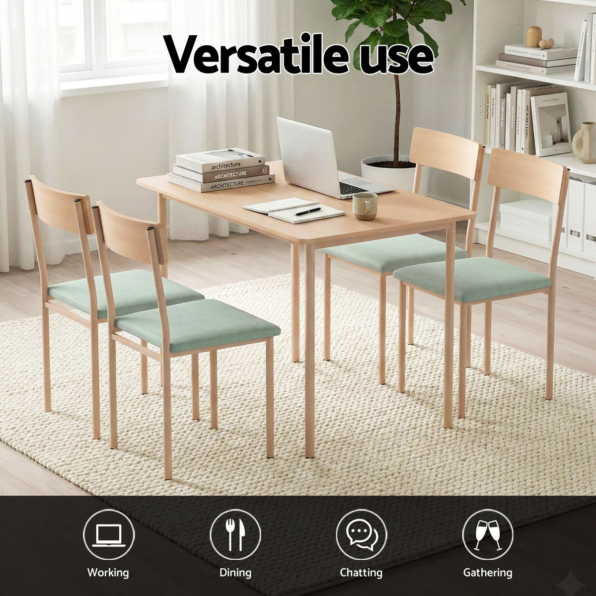 TWSC Dining Table and Chairs Set of 5 Compact Kitchen Furniture Natural Light Green