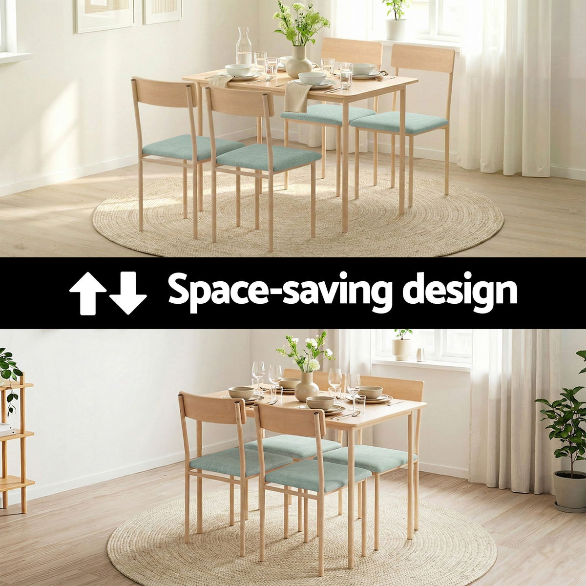 TWSC Dining Table and Chairs Set of 5 Compact Kitchen Furniture Natural Light Green