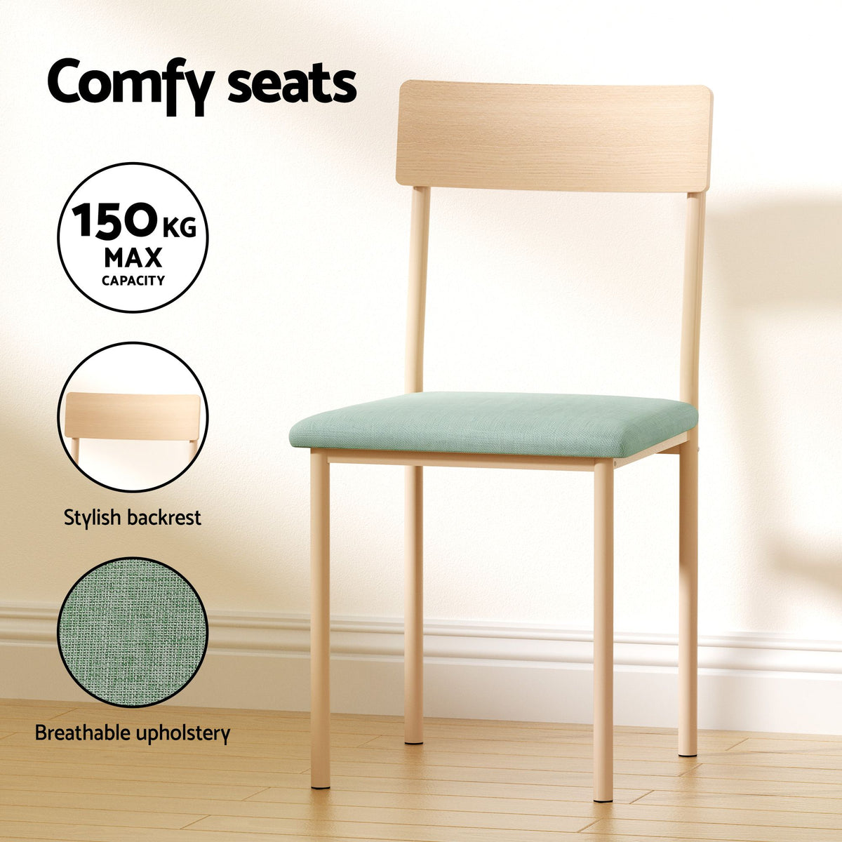 TWSC Dining Table and Chairs Set of 5 Compact Kitchen Furniture Natural Light Green