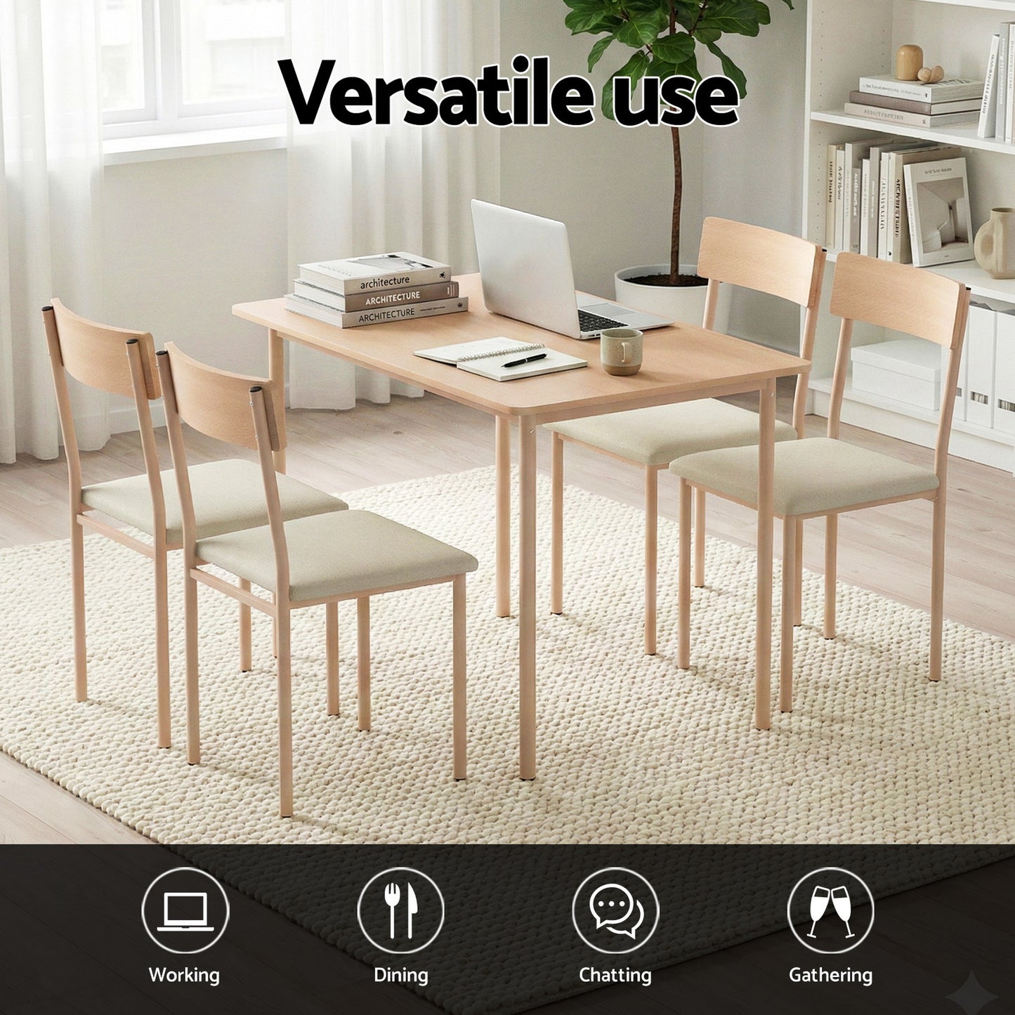 Dining Table and Chairs Set – Compact Design, Natural Beige Finish