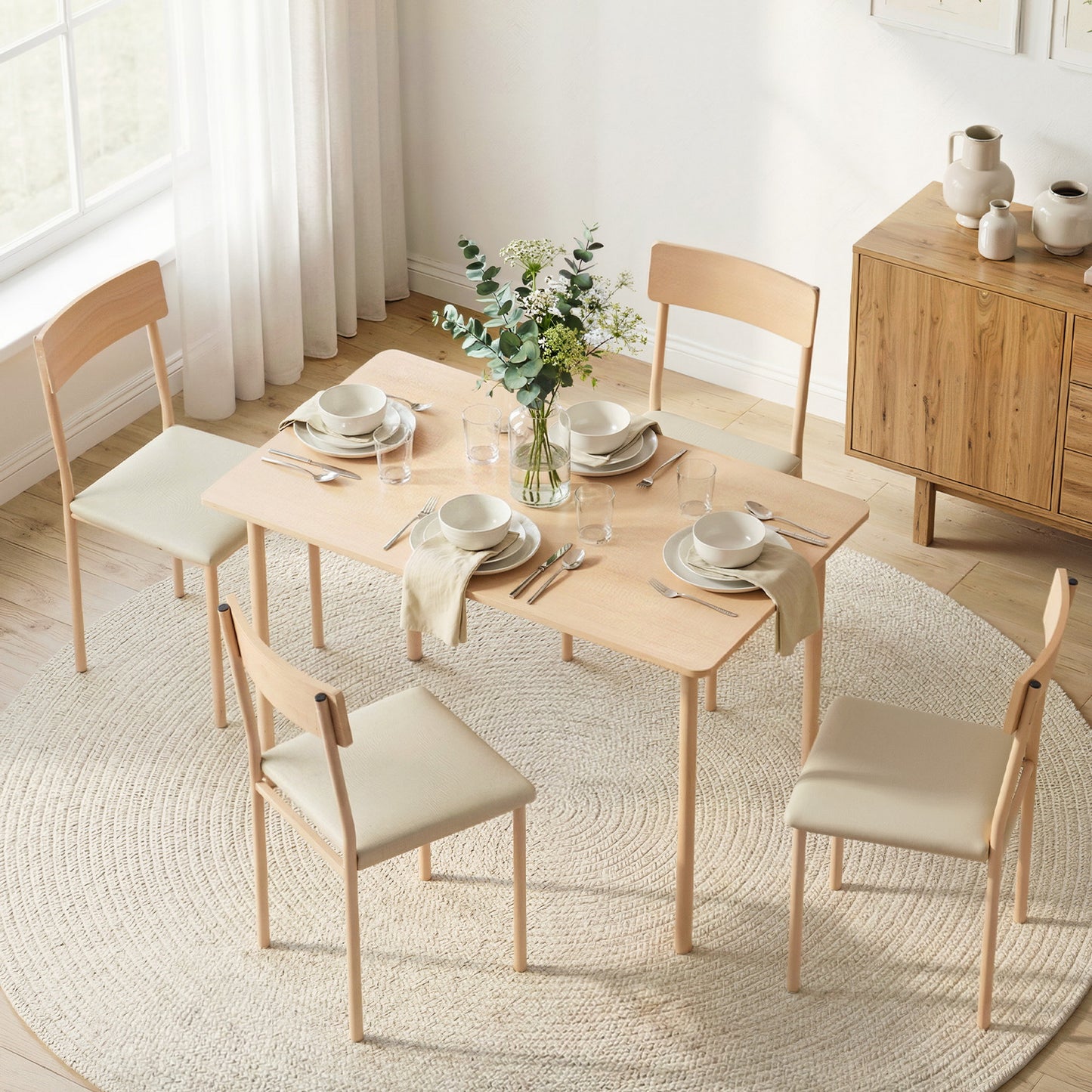 Dining Table and Chairs Set – Compact Design, Natural Beige Finish
