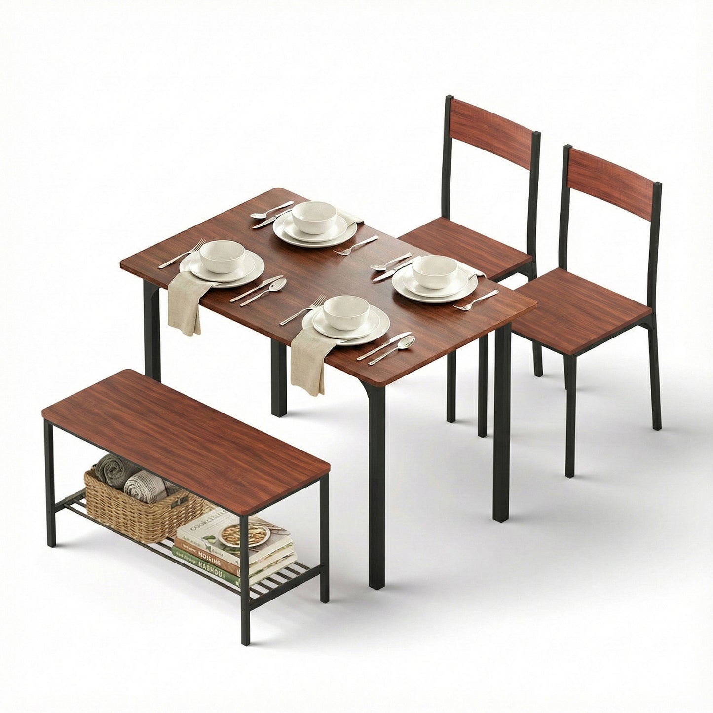 Dining Table and Chairs Set with Storage Bench – Walnut and Black