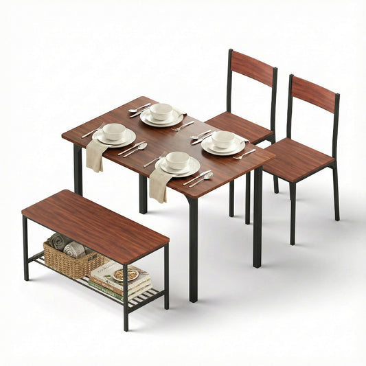 Dining Table and Chairs Set with Storage Bench – Walnut and Black