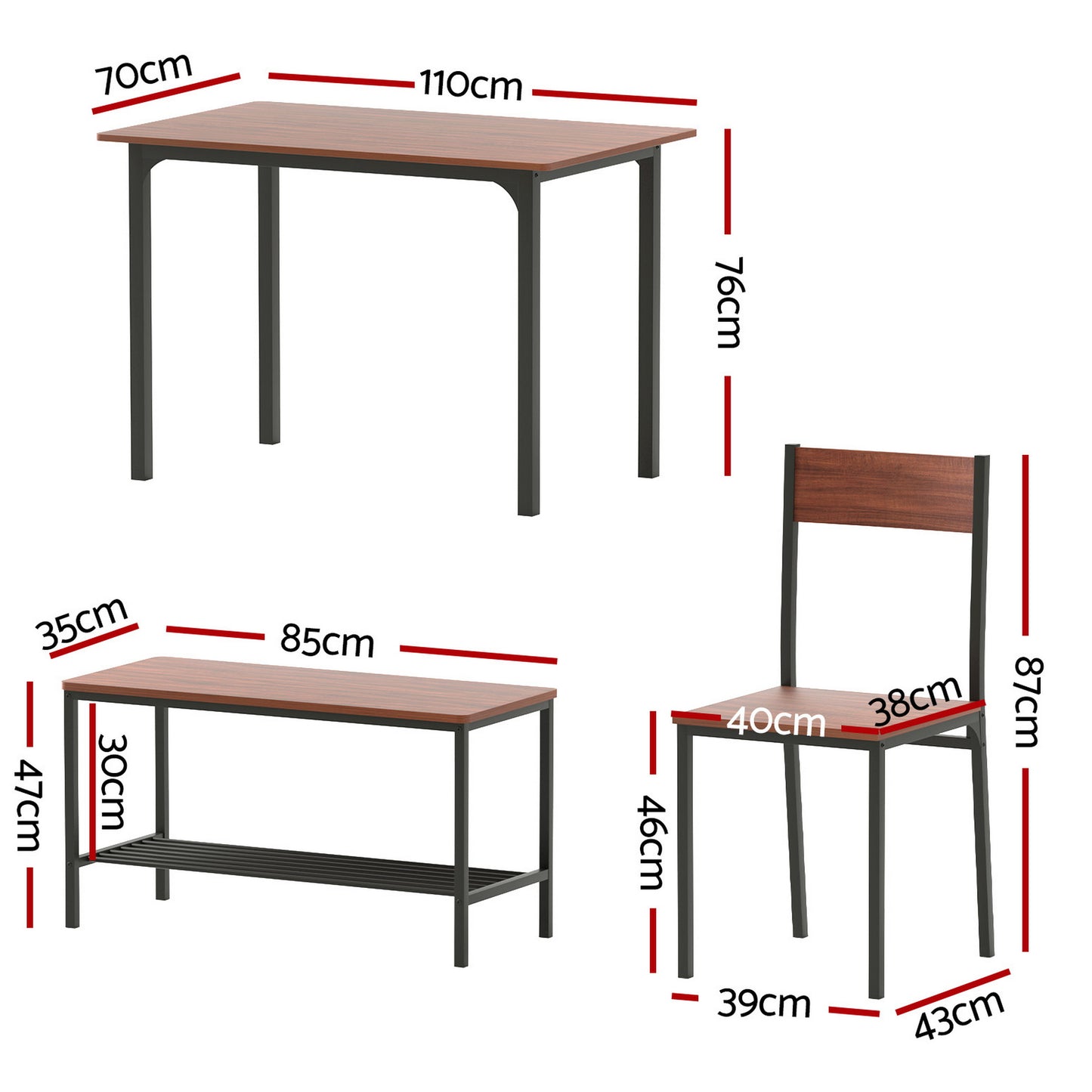 Dining Table and Chairs Set with Storage Bench – Walnut and Black