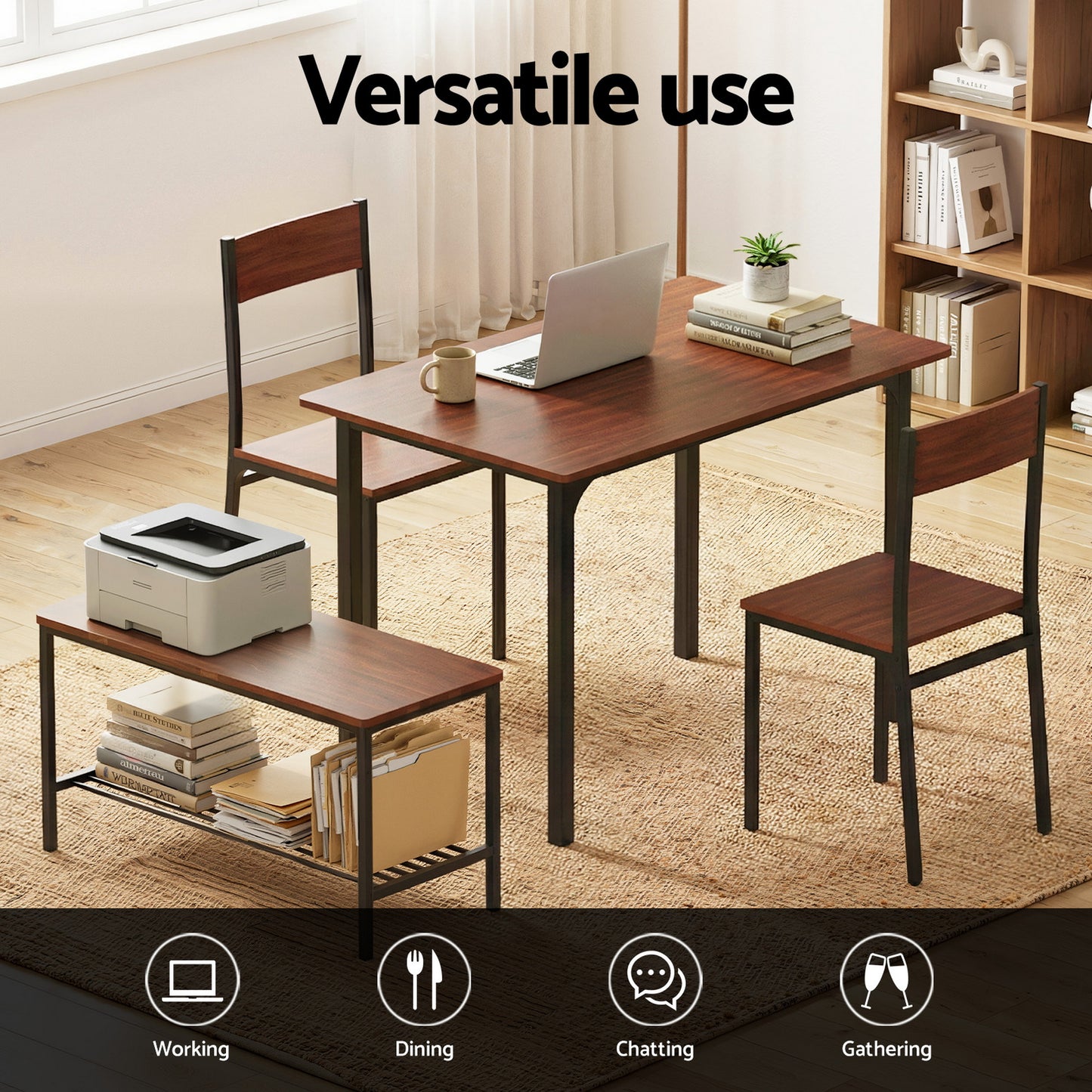 Dining Table and Chairs Set with Storage Bench – Walnut and Black