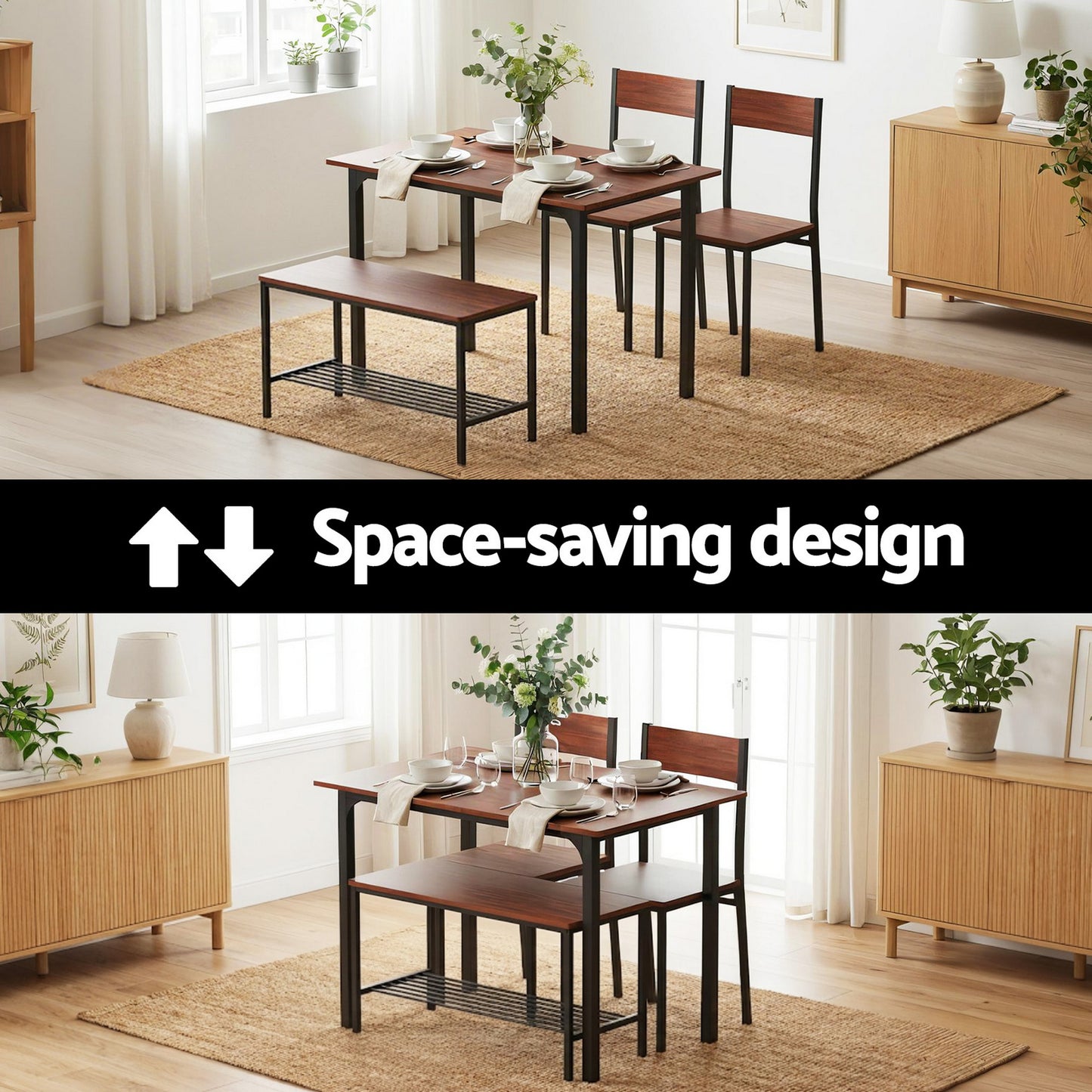 Dining Table and Chairs Set with Storage Bench – Walnut and Black