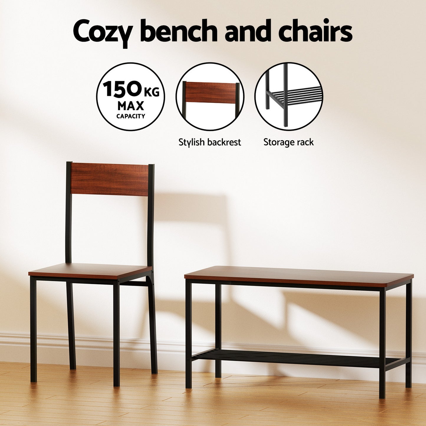 Dining Table and Chairs Set with Storage Bench – Walnut and Black