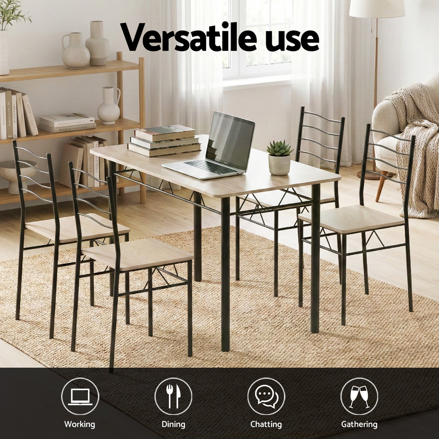 Dining Table and Chairs Set – Compact Modern Oak with Black Metal Frame