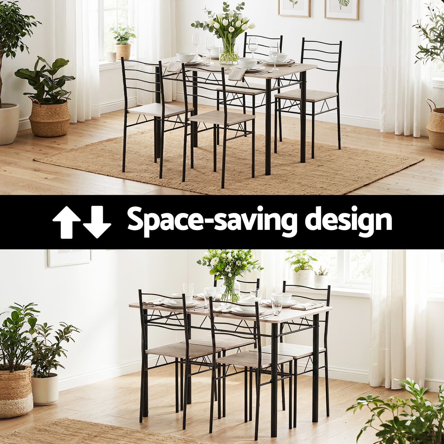 Dining Table and Chairs Set – Compact Modern Oak with Black Metal Frame