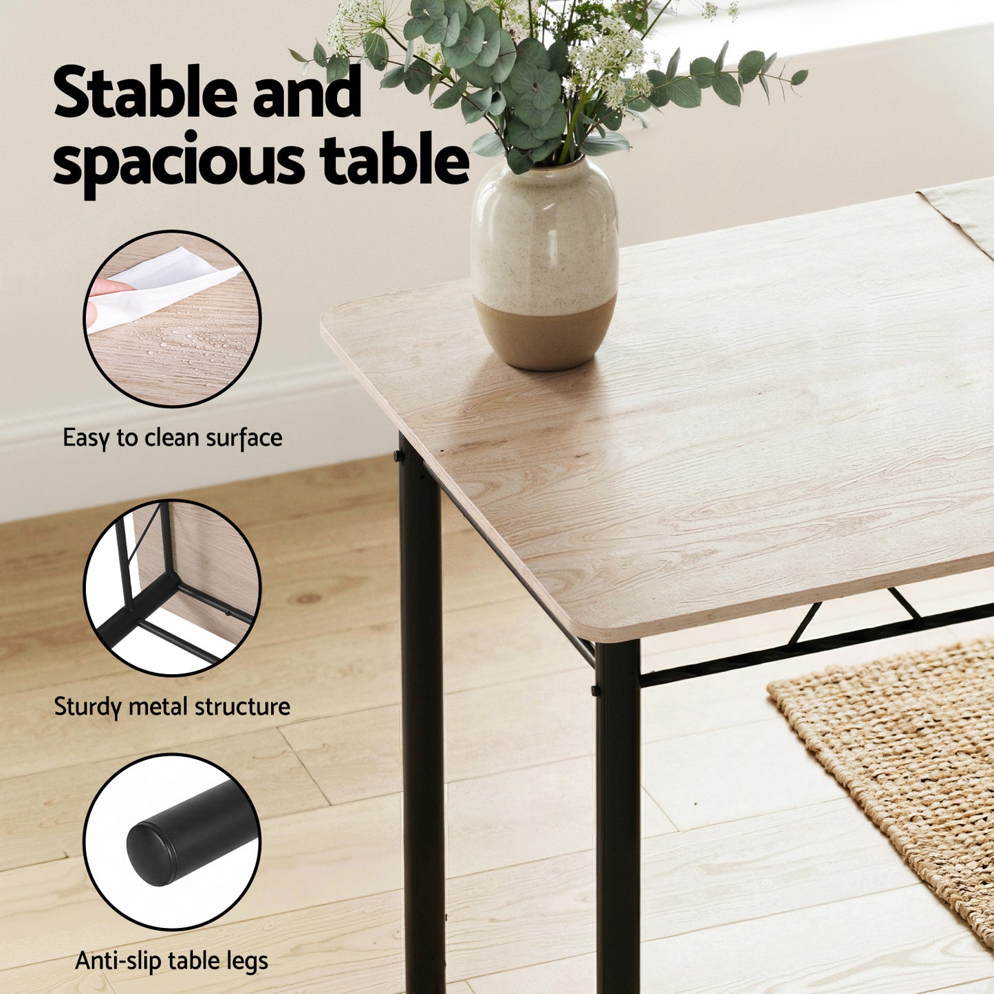 Dining Table and Chairs Set – Compact Modern Oak with Black Metal Frame