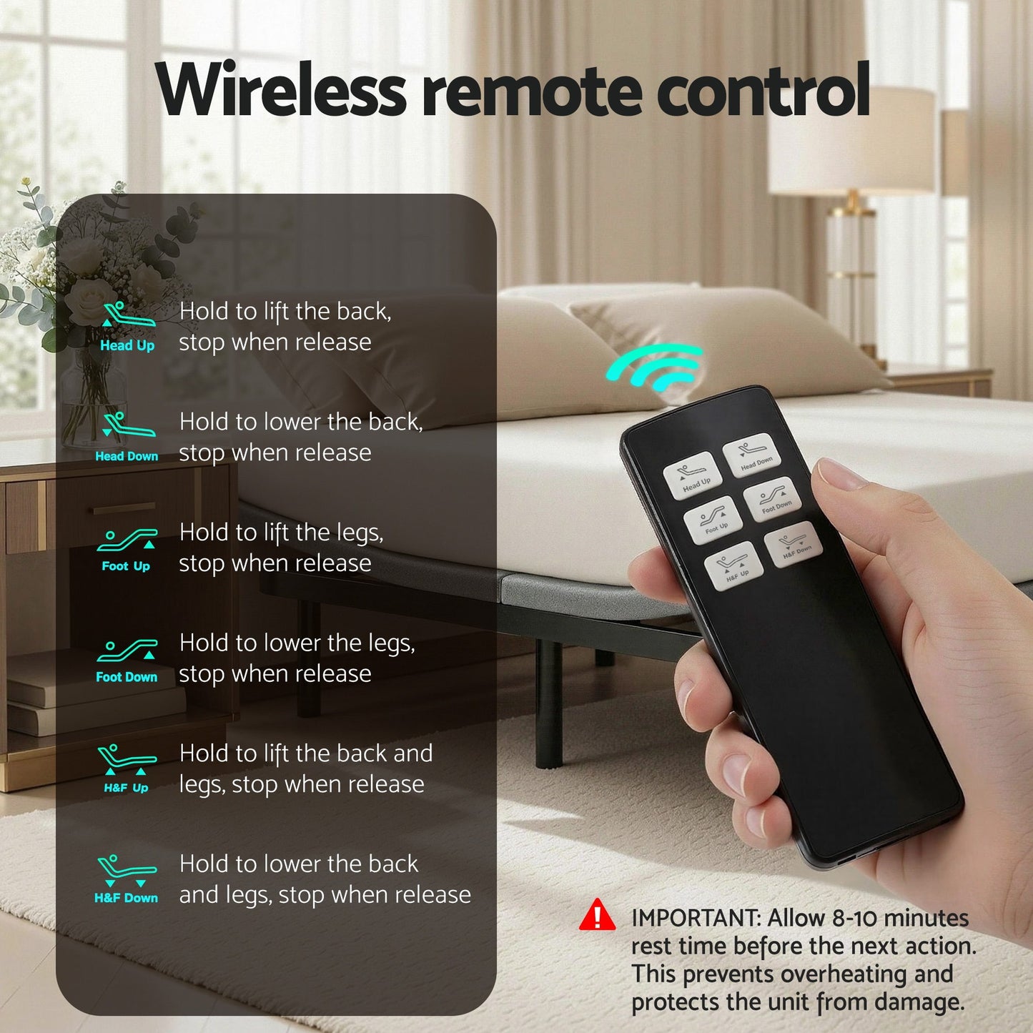 Adjustable Electric Bed Frame – Wireless Remote, Queen Size, Black