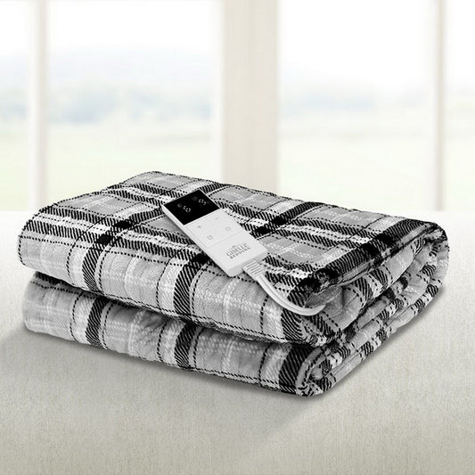 Giselle washable electric throw rug with grey and white checkered flannel, heated blanket for cozy home and bedding use.