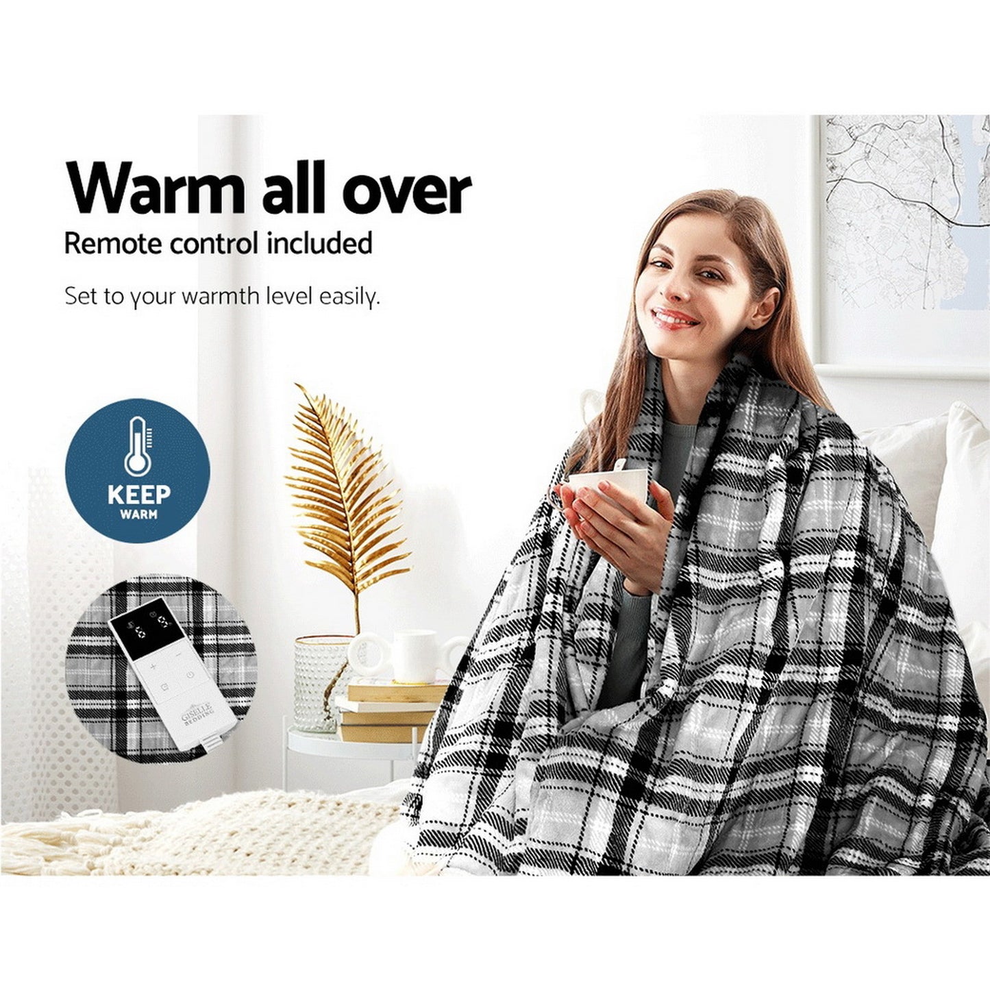Electric Throw Rug – Washable Heated Flannel, Grey White Checkered