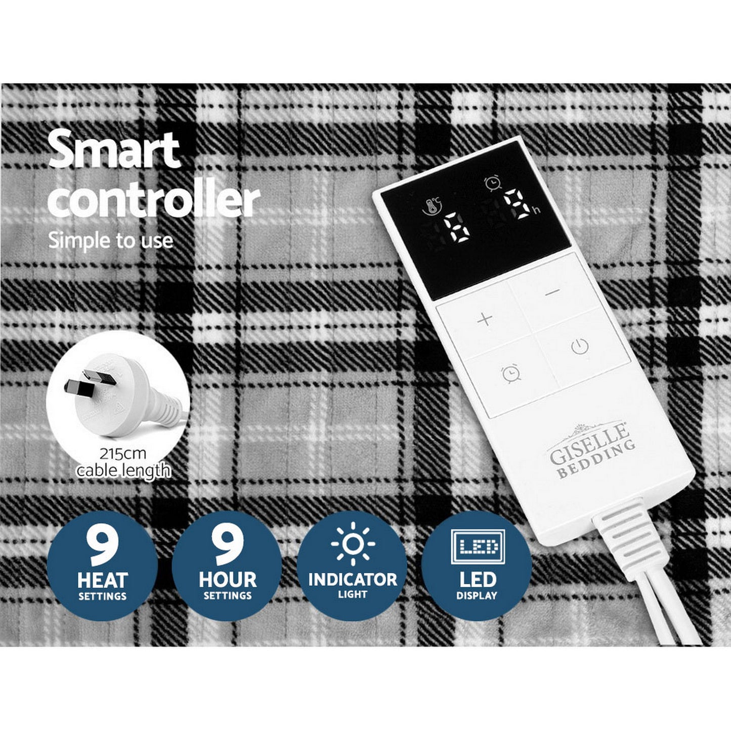 Electric Throw Rug – Washable Heated Flannel, Grey White Checkered