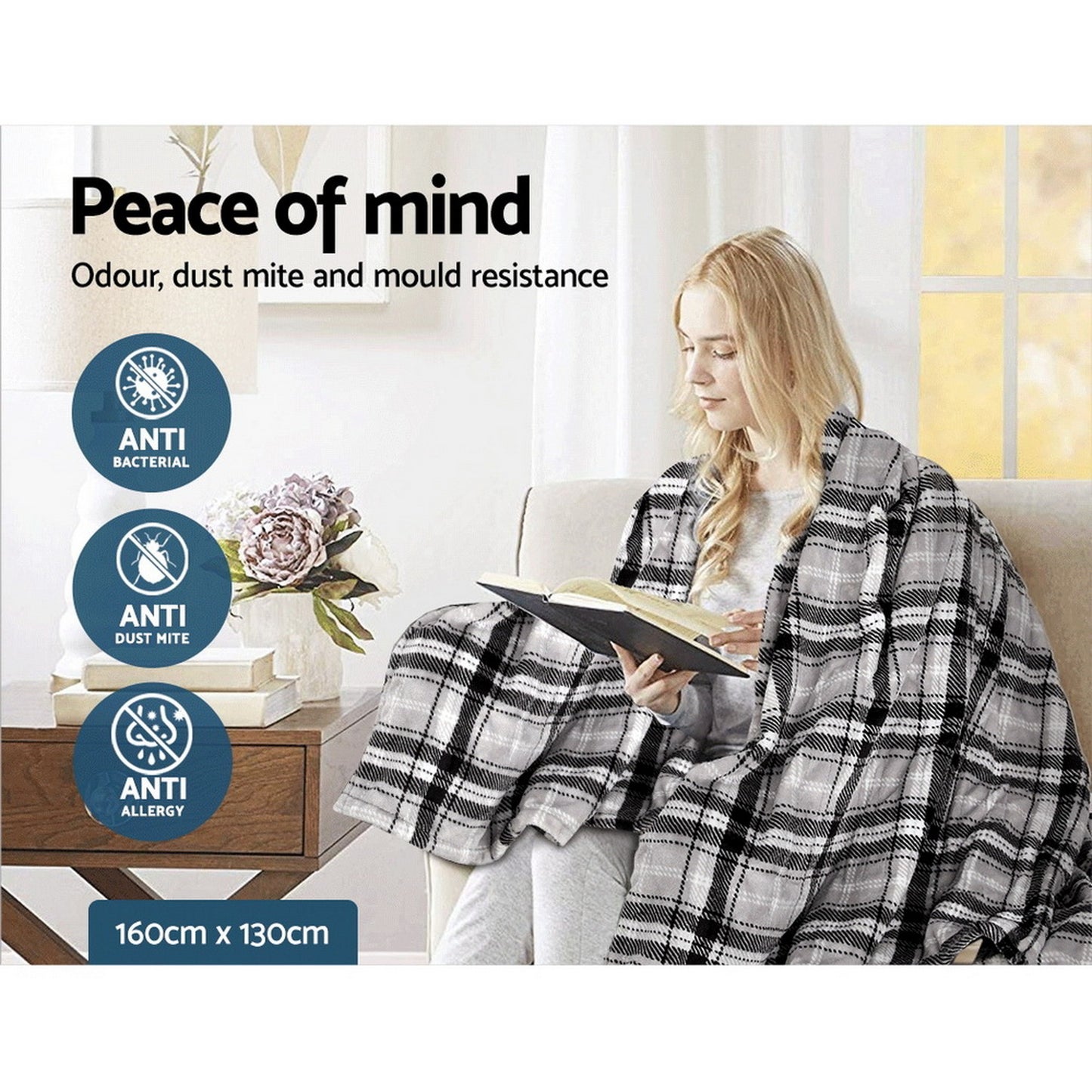 Electric Throw Rug – Washable Heated Flannel, Grey White Checkered