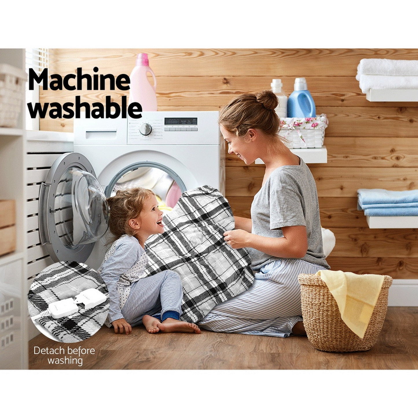 Electric Throw Rug – Washable Heated Flannel, Grey White Checkered