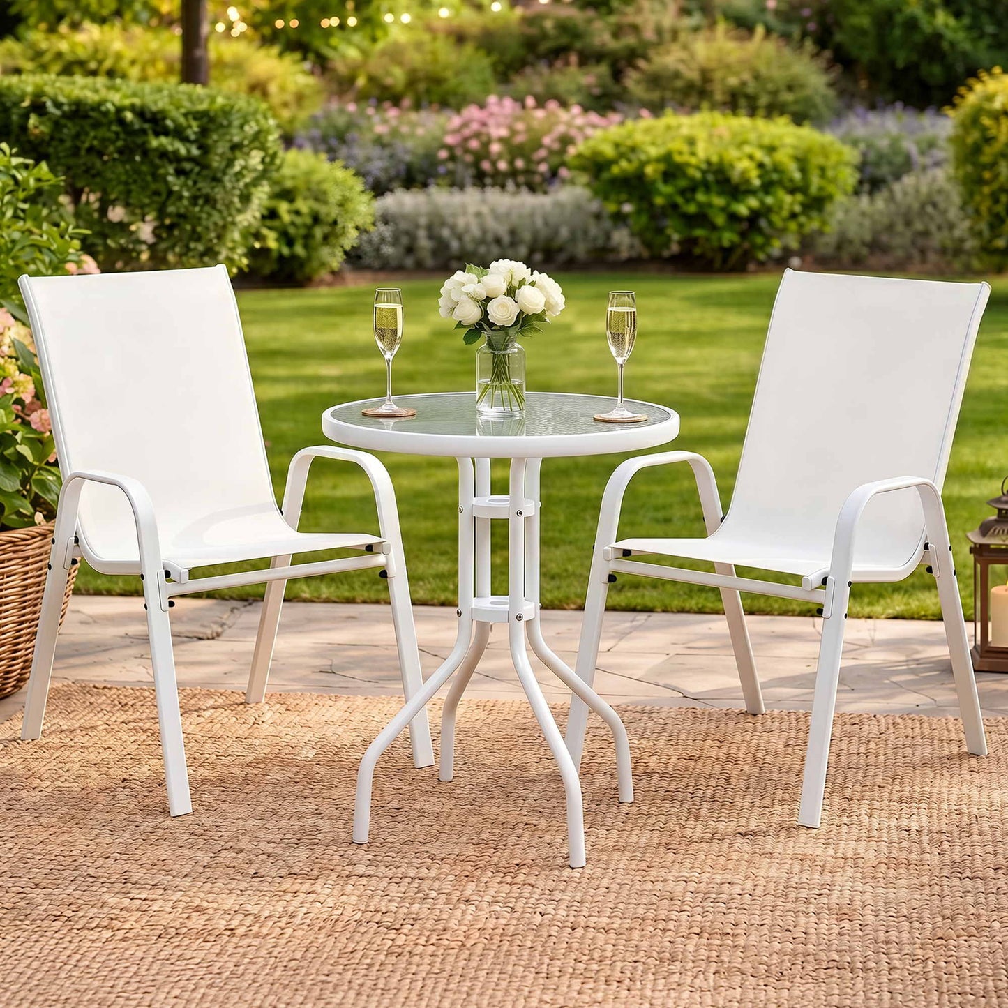 Outdoor Bistro Set – Stackable White Table and Chairs