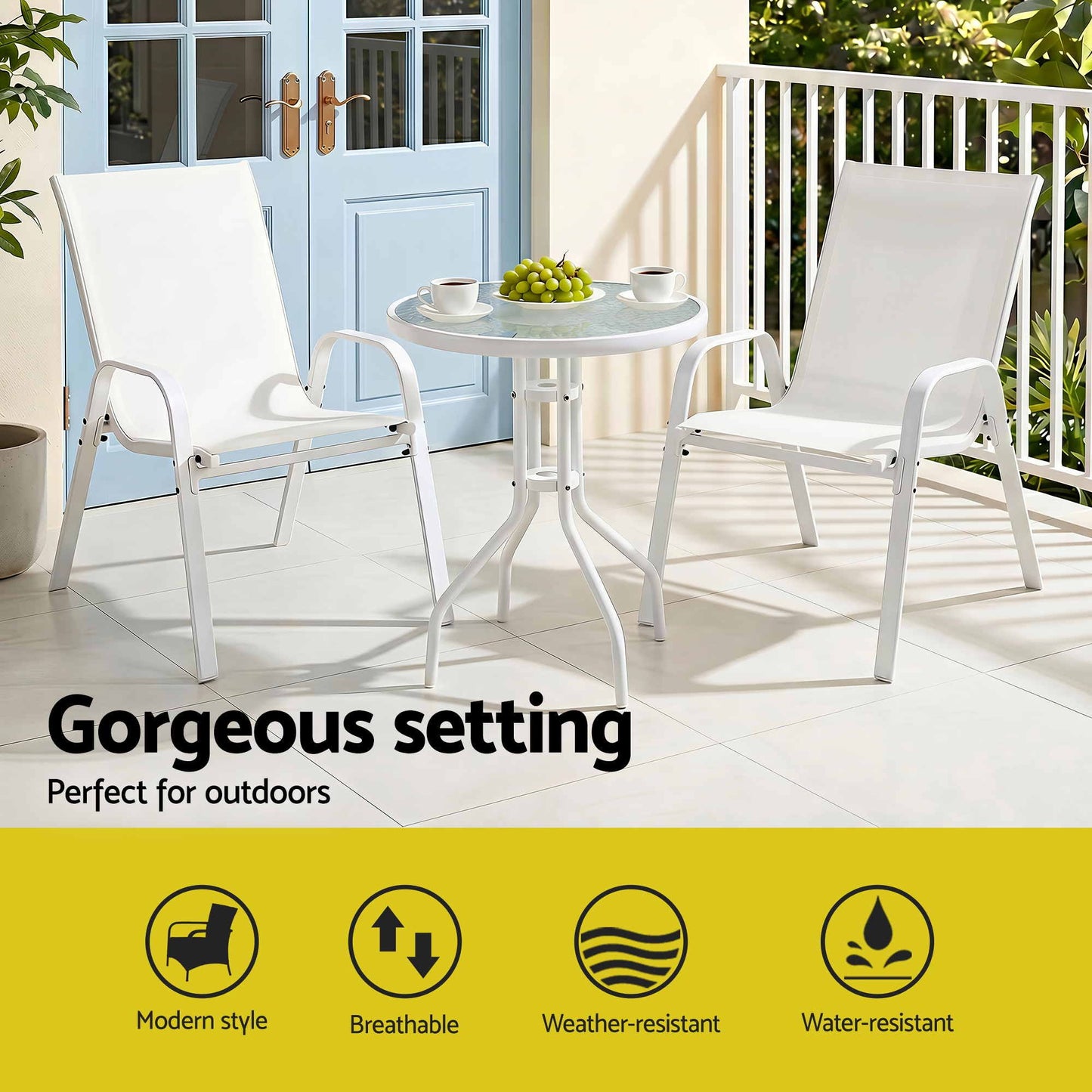 Outdoor Bistro Set – Stackable White Table and Chairs
