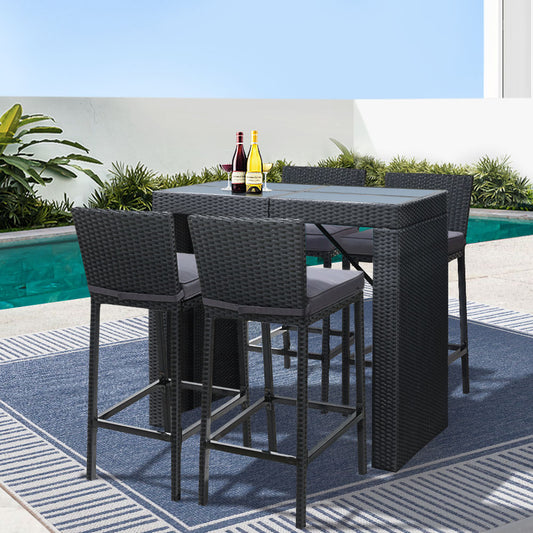 Gardeon outdoor 5-piece wicker bar set with weather-resistant chairs and tempered glass tabletop for patio outdoor entertaining