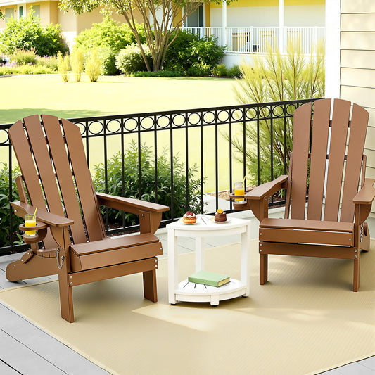 Outdoor Folding Adirondack Chair Set – HDPE, Waterproof, Brown and White