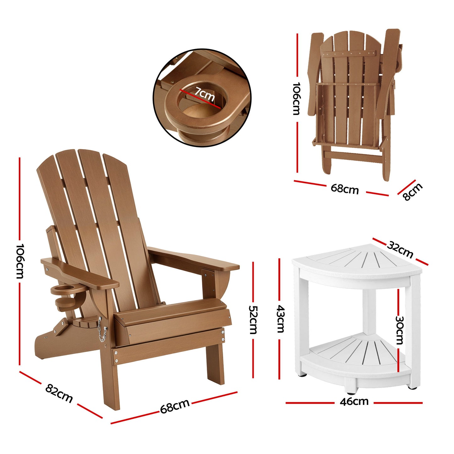 Outdoor Folding Adirondack Chair Set – HDPE, Waterproof, Brown and White