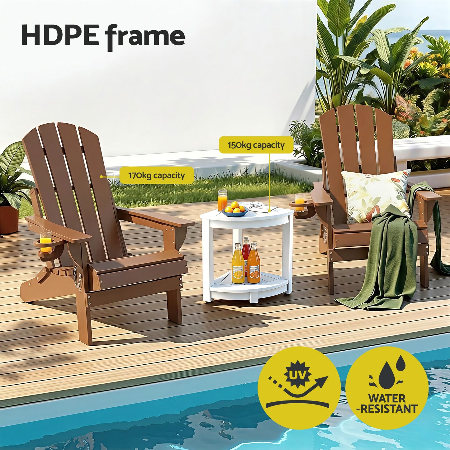 Outdoor Folding Adirondack Chair Set – HDPE, Waterproof, Brown and White